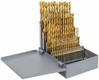 CHICAGO-LATROBE Jobber Length Drill Bit Set: 60 Pc, #60 to #1, 135° Split Point, TiN-Coated HSS (MPN 41802). Key specifications — attr1236168: Metal Index; attr1236199: NAS 907 Type B.