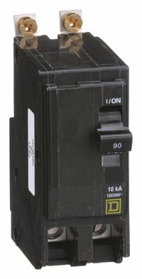 SQUARE D Miniature Circuit Breaker: 90 A, 120/240V AC, Single Phase, 10kA at 120/240V AC, 2 Poles (MPN QOB290). Key specifications — Phase: Single; Amps: 90 A; AC Voltage Rating: 120/240V AC; Max. AIR Rating: 10kA at 120/240V AC; For Use With: Square D NQOD Panelboards; Brand: SQUARE D.