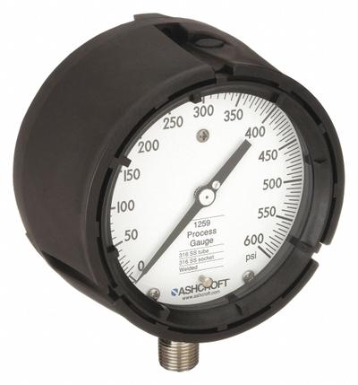 ASHCROFT Process Pressure Gauge: 0 psi to 600 psi, White, 4 1/2 in Dial, 1/2 in NPT Male - All-Stainless Steel Wetted Parts & Casing