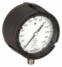 ASHCROFT Process Pressure Gauge: 0 psi to 600 psi, White, 4 1/2 in Dial, 1/2 in NPT Male, Bottom (MPN 451259SD04L600#). Key specifications — Brand: ASHCROFT; Pointer Color: Black; Accuracy: ±0.5%; Dial Color: White; Gauge Wetted Parts: Stainless Steel; Case Material: PBT; Vibration Resistance Properties: None; Pressure Range: 0 psi to 600 psi.