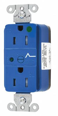 HUBBELL Receptacle: Hospital Grade Fed. Spec., Duplex, 5-15R, Blue, 125V AC, 15 A, 2 Pole / 3 Wire (MPN SNAP8262S)