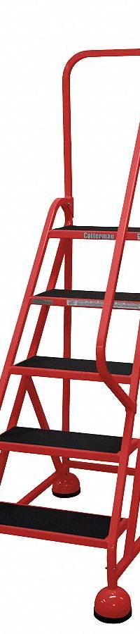 COTTERMAN Rolling Ladder: 3.8 ft Platform Ht, Partially Assembled, Steel, Wt-Actuated Auto-Lock (MPN ST-503 A2 C6 P5). Key specifications — Includes Handrails: Handrails Included; Material: Steel; Brand: COTTERMAN; Color: Red.