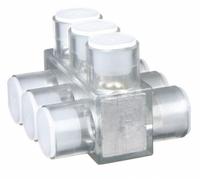 BURNDY Multitap Connector: 3 Port, Double-Sided Entry, 10 AWG – 250 kcmil Wire Size, Clear (MPN BIBD2503). Key specifications — Body Material: Aluminum; Brand: BURNDY.