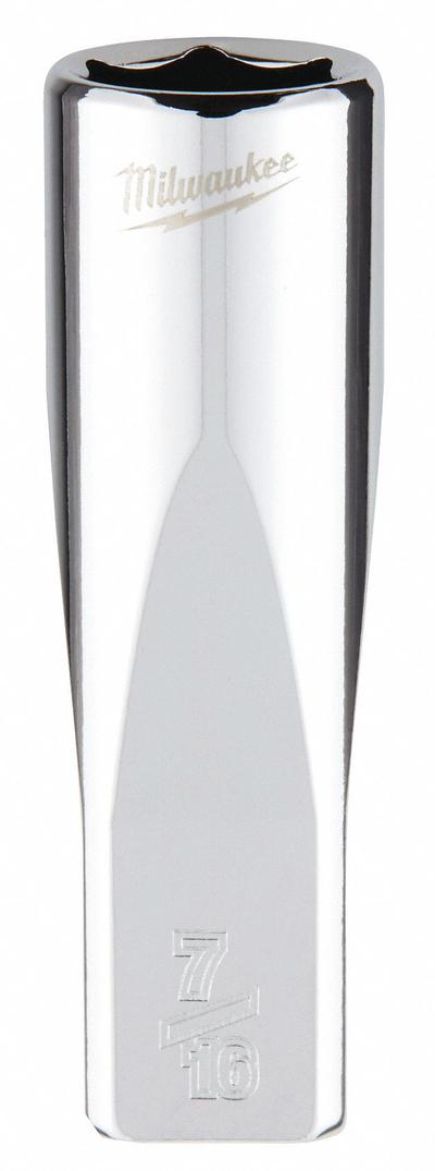 MILWAUKEE Deep Well Socket: SAE, 1/4 in Drive Size, 7/16 in Socket Size, 6-Point - Anti-Roll Hand Sockets