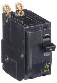SQUARE D Miniature Circuit Breaker: 15 A, 120/240V AC, Single Phase, 10kA at 120/240V AC, 2 Poles (MPN QOB215HID). Key specifications — Phase: Single; Amps: 15 A; AC Voltage Rating: 120/240V AC; Max. AIR Rating: 10kA at 120/240V AC; For Use With: Square D NQOD Panelboards; Brand: SQUARE D.