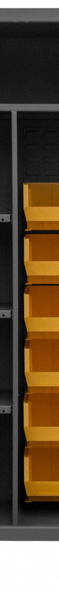 DURHAM MFG Bin Cabinet: 36 in x 36 in 78 in, 4 Shelves, 36 Bins, Yellow, Deep Box, 12 ga Panel, Gray (MPN HDJ36-12DC24TB4S95). Key specifications — Bin Color: Yellow; Bin HxWxD: (12) 8 in x 15 x 7 in; Assembled: Assembled; Cabinet Style: Shelf and Bin; Brand: DURHAM MFG; Cabinet Color: Gray; Cabinet Finish: Powder Coated; Cabinet Material: Steel.