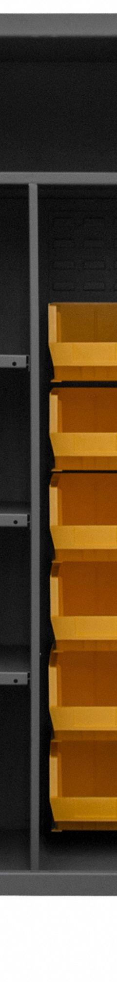 DURHAM MFG Bin Cabinet: 36 in x 36 in 78 in, 4 Shelves, 36 Bins, Yellow, Deep Box, 12 ga Panel, Gray (MPN HDJ36-12DC24TB4S95). Key specifications — Bin Color: Yellow; Bin HxWxD: (12) 8 in x 15 x 7 in; Assembled: Assembled; Cabinet Style: Shelf and Bin; Brand: DURHAM MFG; Cabinet Color: Gray; Cabinet Finish: Powder Coated; Cabinet Material: Steel.