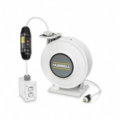 HUBBELL WIRING DEVICE-KELLEMS Extension Cord Reel: Ratchet Lock, 45 ft Cord Lg, 12 AWG, SJO, 5-20P (MPN HBLIWC45123GF220HG). Key specifications — Retractable Cord Ending NEMA Configuration: 5-20R; Feeder Cord Ending NEMA Configuration: 5-20P; Brand: HUBBELL WIRING DEVICE-KELLEMS.
