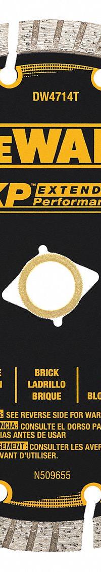 DEWALT Diamond Saw Blade: Masonry, 7 in Blade Dia., 5/8 in Arbor Size, Wet/Dry, Best (MPN DW4714T). Key specifications — attr1097734: Wet/Dry; attr1097738: Masonry Saw; attr1097751: DEWALT.