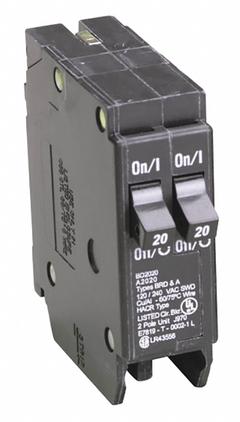 EATON Circuit Breaker: 20 A, 120V AC, Single Phase, 10kA at 120V AC, Type BR Loadcenters, 2 Poles (MPN BD2020). Key specifications — Amps: 20 A; AC Voltage Rating: 120V AC; Phase: Single; Max. AIR Rating: 10kA at 120V AC; Circuit Breaker Type: Tandem; For Use With: Type BR Loadcenters; Brand: EATON.
