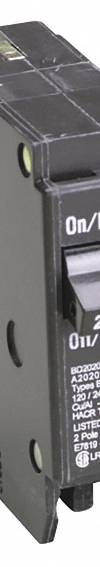 EATON Circuit Breaker: 20 A, 120V AC, Single Phase, 10kA at 120V AC, Type BR Loadcenters, 2 Poles (MPN BD2020). Key specifications — Amps: 20 A; AC Voltage Rating: 120V AC; Phase: Single; Max. AIR Rating: 10kA at 120V AC; Circuit Breaker Type: Tandem; For Use With: Type BR Loadcenters; Brand: EATON.