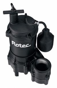 FLOTEC Sewage Ejector Pump: Plastic, Single Phase, 2/5 hp, 115V AC, 42.5 gpm Flow Rate @ 10' of Head (MPN FPSE3200A). Key specifications — Impeller Material: Thermoplastic; Rated Voltage: 115V AC; Hazardous Location Class: Not Rated; Brand: FLOTEC; Discharge Orientation: Vertical; Switch: Piggyback Tether Float.