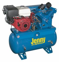 JENNY Stationary Air Compressor: 2 Stage, 13 hp Engine, Honda, 20.9 cfm, 30 gal Air Tank, Horizontal (MPN W13HGB-30T). Key specifications — attr50933: Honda; attr86530: Recoil; attr50934: JENNY.