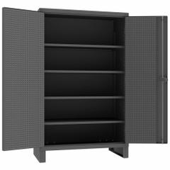 DURHAM MFG Pegboard Cabinet: 48 in x 24 in x 78 in, Swing Handle & Padlock Hasp, 12 ga Panel Thick (MPN HDCP244878-4S95). Key specifications — Cabinet Color: Gray; Method of Construction: Welded; Base Type: Legs; Assembled: Assembled; Mobility: Stationary; Adjustable Shelves: Adjustable; Cabinet Finish: Powder Coated; Cabinet Material: Steel.