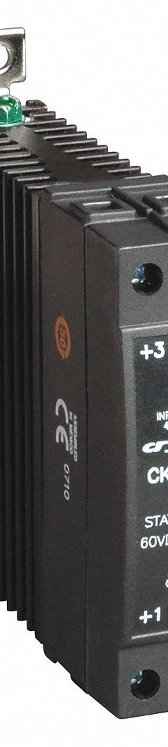 CRYDOM Solid State Relay: DIN-Rail & Surface Mounted, 10 A Max Output Current, MOSFET, DC Output (MPN CKM0610). Key specifications — Brand: CRYDOM; Current Type: DC; Electrical Connection: Screw Clamp; Finger Safe: Yes; Input Current: 11 mA at 32V DC; 9 mA at 5V DC; Maximum Output Current without Heat Sink: 10 A; Mounting Style: DIN Rail & Panel.