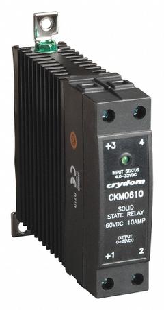 CRYDOM Solid State Relay: DIN-Rail & Surface Mounted, 10 A Max Output Current, MOSFET, DC Output (MPN CKM0610). Key specifications — Brand: CRYDOM; Current Type: DC; Electrical Connection: Screw Clamp; Finger Safe: Yes; Input Current: 11 mA at 32V DC; 9 mA at 5V DC; Maximum Output Current without Heat Sink: 10 A; Mounting Style: DIN Rail & Panel.