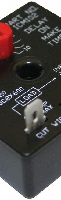 Time Delay Relay: On Delay, Delay On Make Relay, 1.5 sec to 600 sec, 18 to 240V AC, 1.5 A, 2 Pins (MPN ICM102B). Key specifications — Adjustment Method: Knob; Brand: ICM; Mounting Style: Surface.