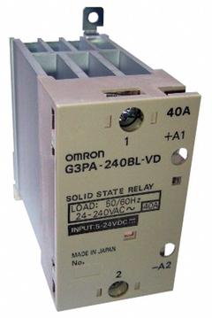OMRON Solid State Relay: DIN-Rail & Surface Mounted, 40 A Max Output Current, Phototriac, AC Output (MPN G3PA-240B-VD-DC5-24). Key specifications — Brand: OMRON; Current Type: DC; Electrical Connection: Screw Clamp; Finger Safe: Yes; Input Current: 40 A; Maximum Output Current without Heat Sink: Dependent on Mounting; Mounting Style: DIN Rail & Screw; Output Voltage: 24 to 240V AC.