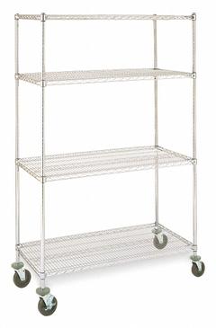 INSTOCK Metal Shelving: 36 in x 24 in x 79 in, Dry/Harsh/Wet, Split Sleeve, 4 Shelves, Silver (MPN GRMSS2436). Key specifications — Color: Silver; Recommended Environment: Wet; Post Shape: Round; Number Of Shelves: 4; Caster Wheel/Configuration: (2) Swivel; Material: Stainless Steel; Brand: INSTOCK.