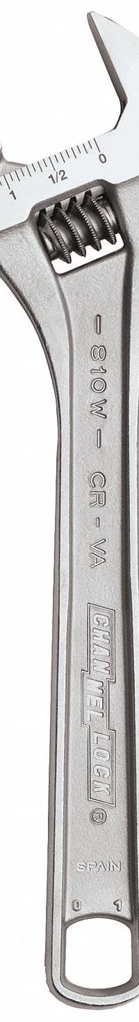 CHANNELLOCK Adjustable Wrench: Alloy Steel, Chrome, 10 in Overall Lg, 1 3/8 in Jaw Capacity (MPN 810W). Key specifications — attr309359: Chrome; attr324924: CHANNELLOCK; attr309358: Alloy Steel.