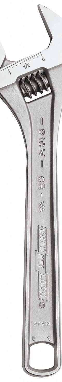 CHANNELLOCK Adjustable Wrench: Alloy Steel, Chrome, 10 in Overall Lg, 1 3/8 in Jaw Capacity (MPN 810W). Key specifications — attr309359: Chrome; attr324924: CHANNELLOCK; attr309358: Alloy Steel.
