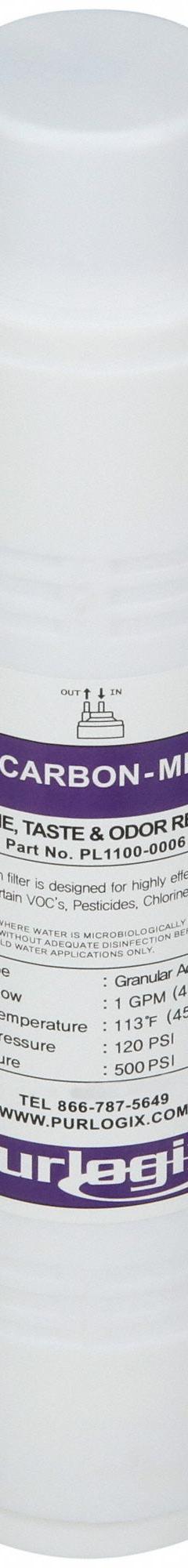 PURLOGIX Water Filter Cartridge: 5 micron, 1 gpm, 11 in Overall Ht, 2 1/2 in Overall Dia (MPN PL1100-0006). Key specifications — Filter Media: Fiber; Brand: PURLOGIX.