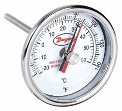 DWYER Min/Max Dial Thermometer: 0°F to 140°F to -17.8°C to 60°C, +/- 2% Accuracy, 3 in Dial Dia (MPN BTM39011D). Key specifications — Brand: DWYER; Accuracy: +/- 2%.
