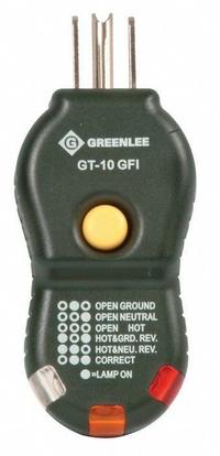 GREENLEE GFCI Tester: 120 V AC, GFCI, Light, No Display, Correct Wiring/GFCI Testing (MPN GT-10GFI). Key specifications — Brand: GREENLEE.
