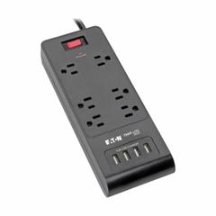 EATON TRIPP LITE Outlet Strip: 6 Outlets, 6 ft Cord Lg, 900 J Rated Energy, 15 A Current, Black (MPN TLP664USBB). Key specifications — Brand: EATON TRIPP LITE; Mounting Style: Keyhole.