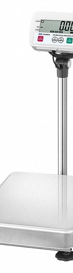 A&D WEIGHING Food Scale: 20 7/8 in Weighing Surface Dp, 15 3/8 in Weighing Surface Wd, LCD (MPN SC-150KAL). Key specifications — Connection Ports: RS-232C; Readability: 0.05 lb/0.02 kg; Brand: A&D WEIGHING; IP Rating: IP68.