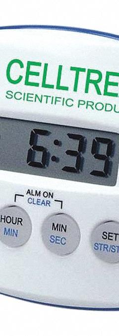 CELLTREAT Digital Timer: Easel Stand/Mounting Magnet, 1/2 in x 2 1/2 in x 3 in, 1/2 in Overall Dp (MPN 230123). Key specifications — Clock Function Included: Yes; Count Direction: Count Down; Features: Easel Stand; Digital Display Screen Type: LCD; Alarm Type: Audible; Brand: CELLTREAT; Maximum Time Setting: 99 minutes, 59 seconds.