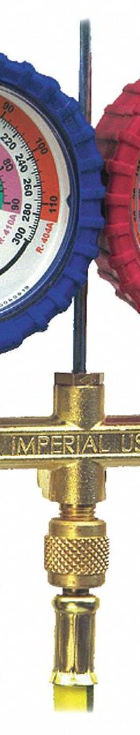 IMPERIAL Manifold Gauge: 2 Valves, 3 Hoses, Series 400, For R-22/R-404A/R-410A (MPN 421-C). Key specifications — Product Type: Manifold Gauge Set; For Refrigerant Type: R-410A; Brand: IMPERIAL; Gauge Boots: Yes.