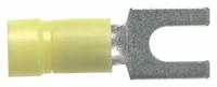 PANDUIT Fork Terminals: Yellow, Vinyl, #10 Stud Size, 14 AWG – 10 AWG Wire Range, Std Fork, 600 V (MPN PV10-10F-D). Key specifications — Barrel Style: Funnel Entry; Manufacturer Part Number: PV10-10F-D; Brand: PANDUIT; Series: EV10.