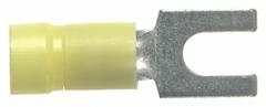 PANDUIT Fork Terminals: Yellow, Vinyl, #10 Stud Size, 14 AWG – 10 AWG Wire Range, Std Fork, 600 V (MPN PV10-10F-D). Key specifications — Barrel Style: Funnel Entry; Manufacturer Part Number: PV10-10F-D; Brand: PANDUIT; Series: EV10.