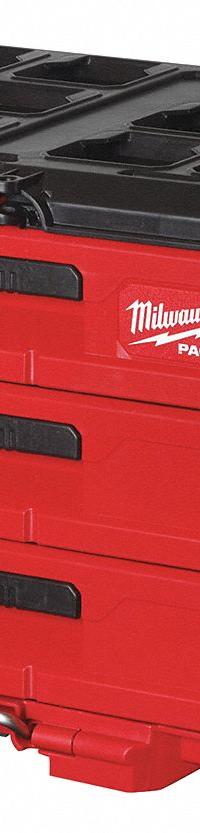MILWAUKEE PACKOUT Tool Box: Polymer, Black/Red, 22 3/16 in W x 14 5/16 in H x 14 5/16 in D (MPN 48-22-8443). Key specifications — attr1117293: MILWAUKEE; attr1117310: Security Bar; attr1117382: Polymer; attr1117383: Red.