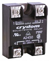 CRYDOM Solid State Relay: Surface Mounted, 50 A Max Output Current, SCR, AC Output (MPN A2450E). Key specifications — Brand: CRYDOM; Current Type: AC; Electrical Connection: Screw Clamp; Finger Safe: No; Input Current: 10 mA; Input Voltage: 18-36 VAC; Maximum Output Current without Heat Sink: 11 A; Mounting Style: Panel.