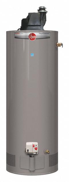 RHEEM Residential Gas Water Heater: Natural Gas, Low NOx, 50 gal, 42,000 BTU, 66.38 in Ht (MPN PROG50-42N RH67 PV). Key specifications — Display Sell UOM: EA; Market: Residential; Standards: AHRI Certified; Sub-brand: gas water heater; Brand: RHEEM; Low NOx: Yes; Water Connection Location: Side; Fuel Type: Natural Gas.