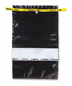 WHIRL-PAK Sampling Bag: Write-On, Sterile, 55 fl oz Capacity - oz, 1.63 L Capacity - mL (MPN B01558). Key specifications — Brand: WHIRL-PAK; Color: Black; Product Type: Sterilized Bag; Standards: USDA; Style: Write-On.