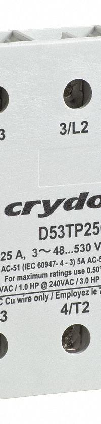 CRYDOM Solid State Relay: Surface Mounted, 50 A Max Output Current, SCR, AC Output (MPN D53TP50CH-10). Key specifications — Brand: CRYDOM; Current Type: DC; Electrical Connection: Saddle Clamp; Screw; Finger Safe: Yes; Input Current: 35 mA; Maximum Output Current without Heat Sink: Not Recommended; Mounting Style: Panel.