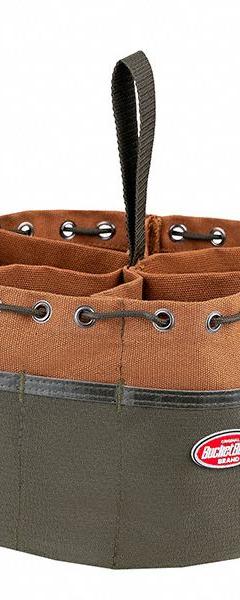 BUCKET BOSS Bucket Bag: 10 in W x 6 1/2 in H x 10 in L, Brown, Canvas, 19 Pockets, Drawstring (MPN 25001). Key specifications — attr1118525: BUCKET BOSS; attr1118517: Stackable; attr1125037: Brown; attr1125041: Canvas; attr1203718: Yes.