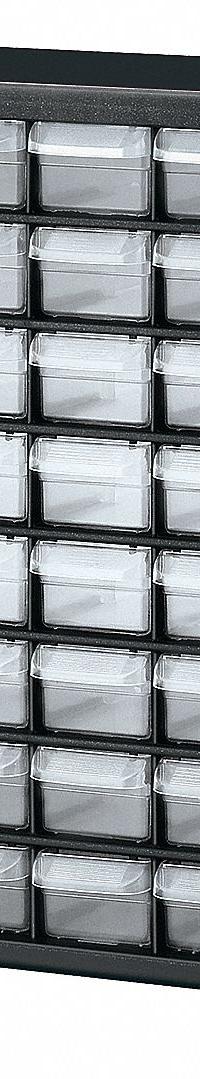 AKRO-MILS Drawer Bin Cabinet: 20 in x 6 1/2 in x 15 3/4 in, 64 Drawers, Stackable, Polystyrene (MPN 10164). Key specifications — attr66719: Polystyrene; attr66728: Yes; attr66722: Clear; attr66720: Drawer; attr66726: (64) 2-1/8 in x 6 in x 1-1/2 in; attr66716: Black; attr66753: Plastic; attr66710: AKRO-MILS.
