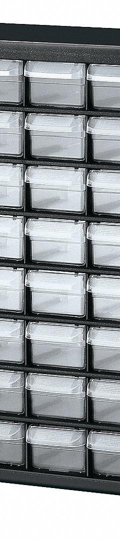 AKRO-MILS Drawer Bin Cabinet: 20 in x 6 1/2 in x 15 3/4 in, 64 Drawers, Stackable, Polystyrene (MPN 10164). Key specifications — attr66719: Polystyrene; attr66728: Yes; attr66722: Clear; attr66720: Drawer; attr66726: (64) 2-1/8 in x 6 in x 1-1/2 in; attr66716: Black; attr66753: Plastic; attr66710: AKRO-MILS.