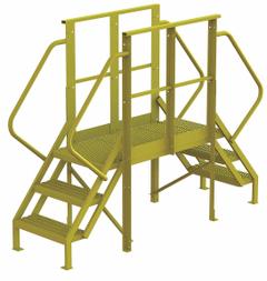 TRI-ARC Crossover Bridge: 2.5 ft Platform Ht, Steel, 1,000 lb Load Capacity, Serrated, 3 Steps (MPN 7CY75). Key specifications — Brand: TRI-ARC; Color: Yellow; Tread Type: Serrated.