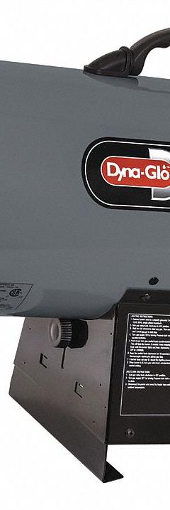 DYNA-GLO Portable Gas Torpedo Heater: 150,000 BtuH Heating Capacity Output, 3,500 sq ft Heating Area (MPN RMC-FA150DGD). Key specifications — Brand: DYNA-GLO; Key Features: On/Off Switch; Overall Dimensions - H x W x D: 16-1/8 in x 11-13/16 in x 25-9/16 in.