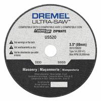 DREMEL Diamond Saw Blade: Brick/Cement Board/Concrete/Masonry/Slate/Stone, 3 1/2 in Blade Dia., Dry (MPN US520-01). Key specifications — attr1097734: Dry; attr1097738: Ultra-Saw; attr1097751: DREMEL.