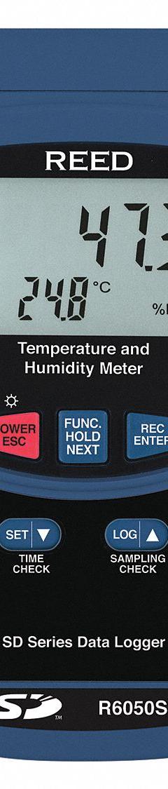 REED INSTRUMENTS Temperature Humidity Meter: Cabled, 7 in x 2.7 in x 1.9 in, 32°F to 122°F (MPN R6050SD). Key specifications — Brand: REED INSTRUMENTS; Calibration Certificate: Not Included.