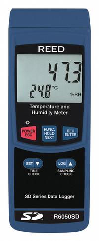 REED INSTRUMENTS Temperature Humidity Meter: Cabled, 7 in x 2.7 in x 1.9 in, 32°F to 122°F (MPN R6050SD). Key specifications — Brand: REED INSTRUMENTS; Calibration Certificate: Not Included.