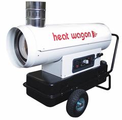 HEAT WAGON Portable Oil and Kerosene Torpedo Heater: Wheeled Mounted, 4,600 sq ft Heating Area (MPN HVF110). Key specifications — Key Features: LED Diagnostics; Portability: Wheeled Mounted; Brand: HEAT WAGON; Tank Capacity/Hours on One Filling: 17.2 gal/22 hr; Overall Dimensions - H x L x D: 31 in x 49 in x 49 in.