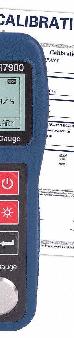 REED INSTRUMENTS Ultrasonic Thickness Gauge: Carrying Case/Probe/Ultrasonic Couplant Gel, NIST (MPN R7900-NIST). Key specifications — Brand: REED INSTRUMENTS; Thickness Measurement Accuracy: +/-0.1%; Certificate of Calibration: Included.
