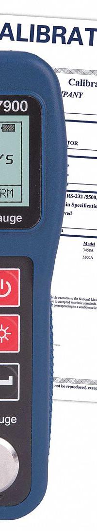 REED INSTRUMENTS Ultrasonic Thickness Gauge: Carrying Case/Probe/Ultrasonic Couplant Gel, NIST (MPN R7900-NIST). Key specifications — Brand: REED INSTRUMENTS; Thickness Measurement Accuracy: +/-0.1%; Certificate of Calibration: Included.